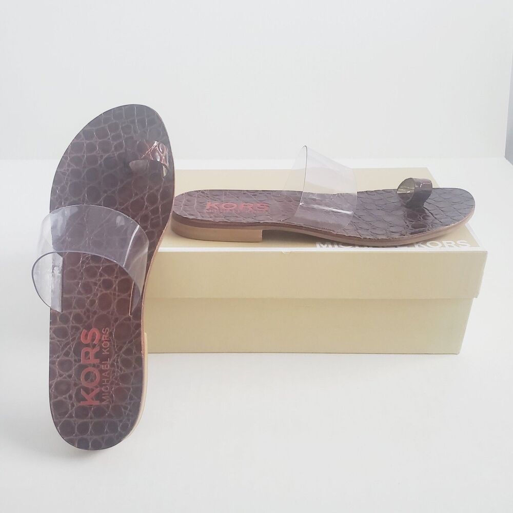 Michael Kors Women's Sandals 7M Brown Croc Embossed Clear Strap Slides w/ Box